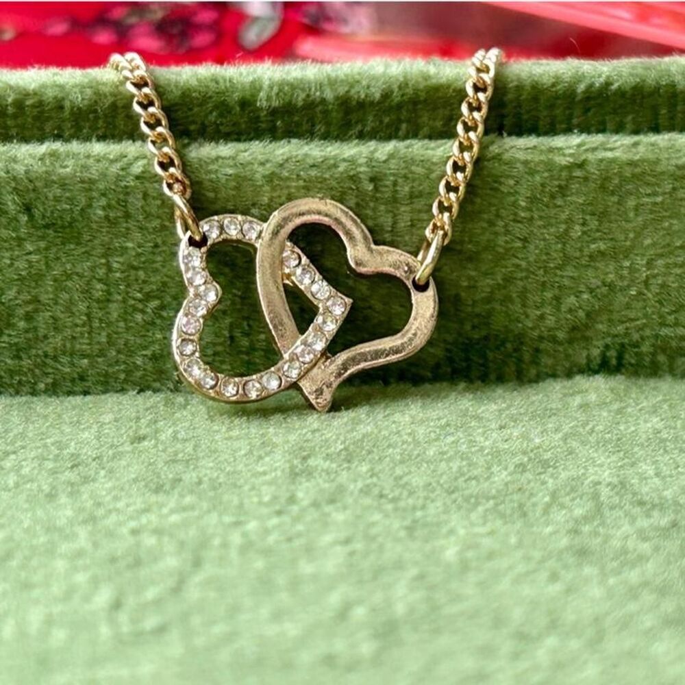Gold Tone Interlocking Heart Rhinestone Necklace - Picture 7 of 8